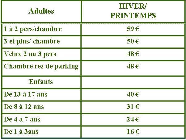 Tarifs hiver